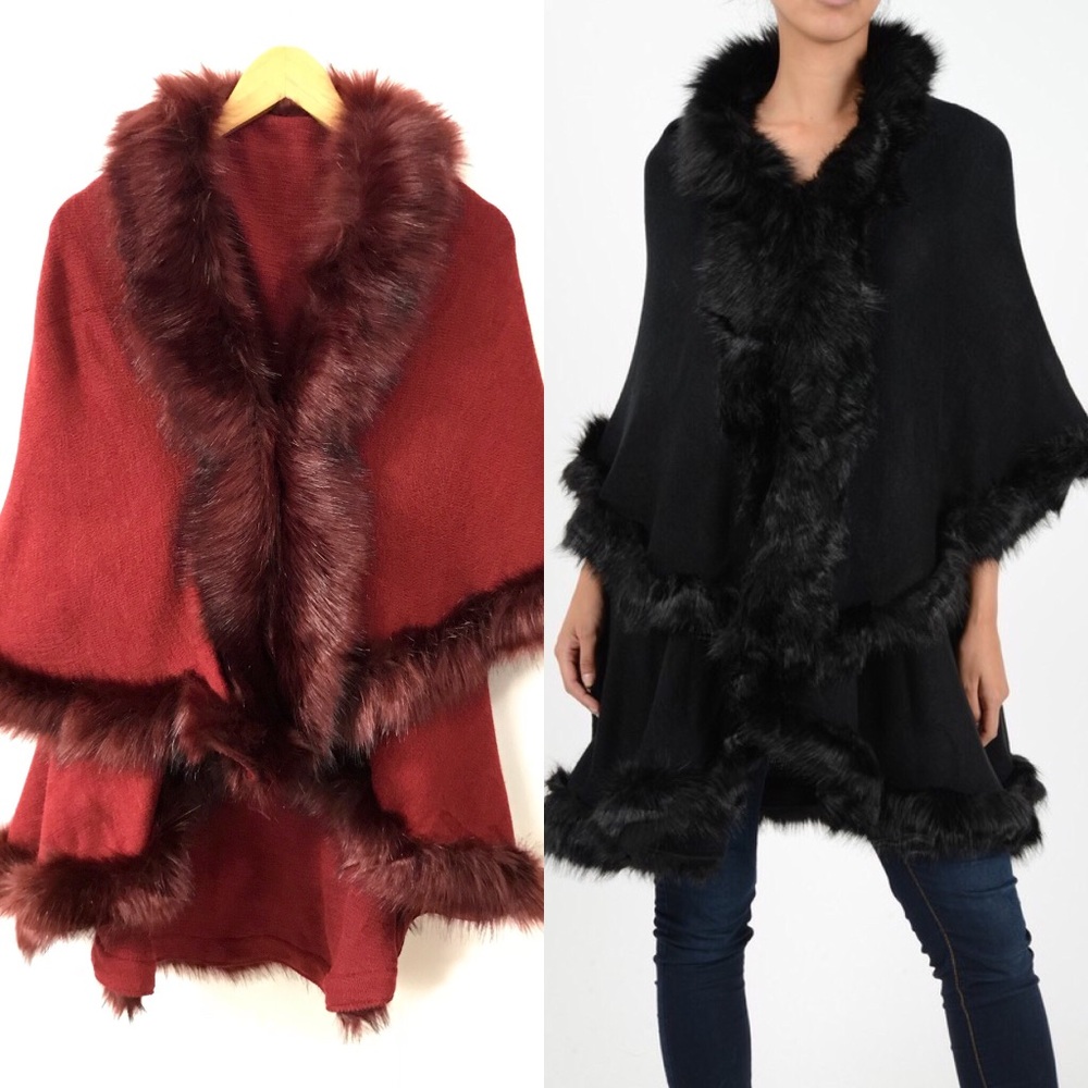 Faux Fur Lined Cape Poncho Sweater BLACK/BURGUNDY